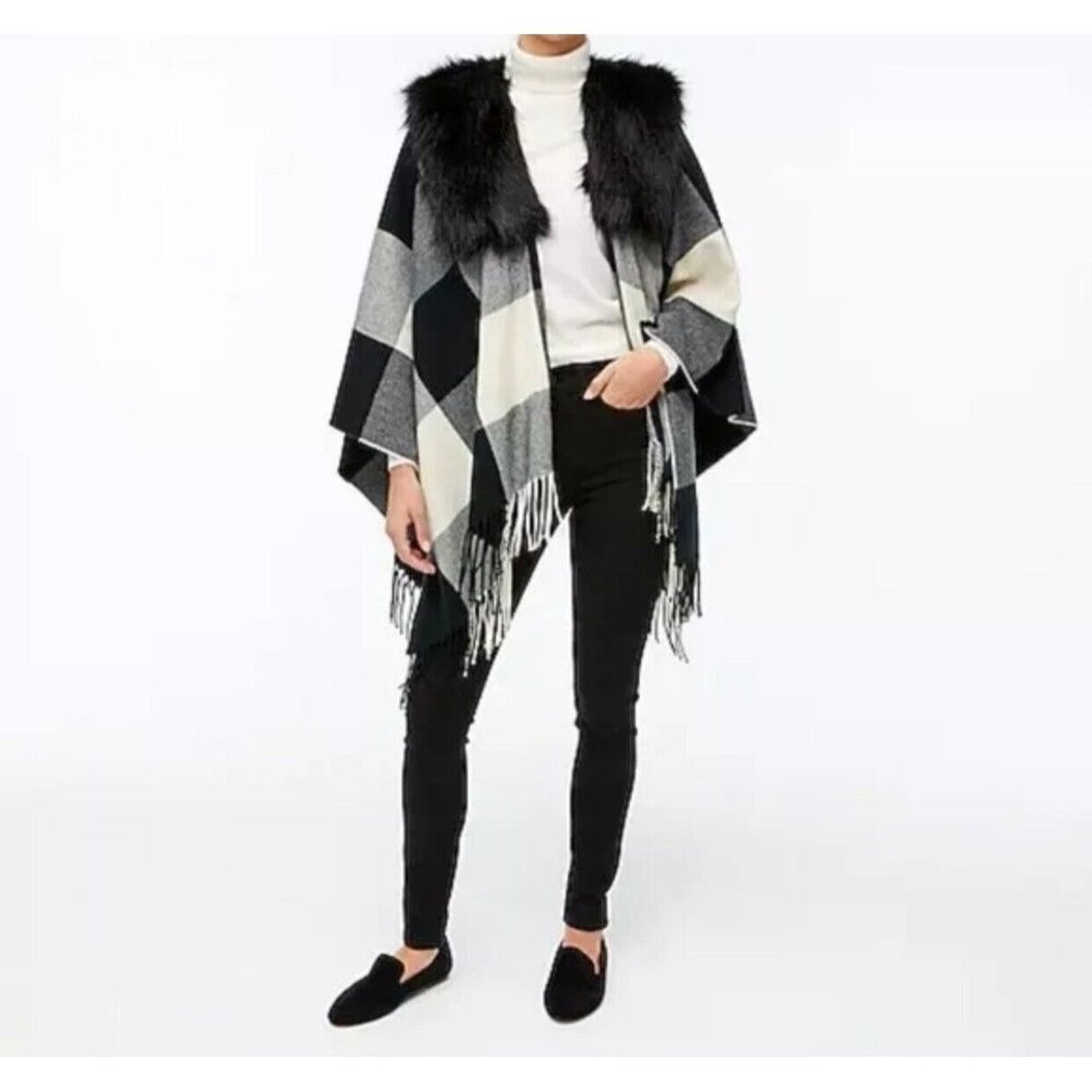 NWT J. Crew Fringe Poncho Cape Faux Fur Collar Plaid One size